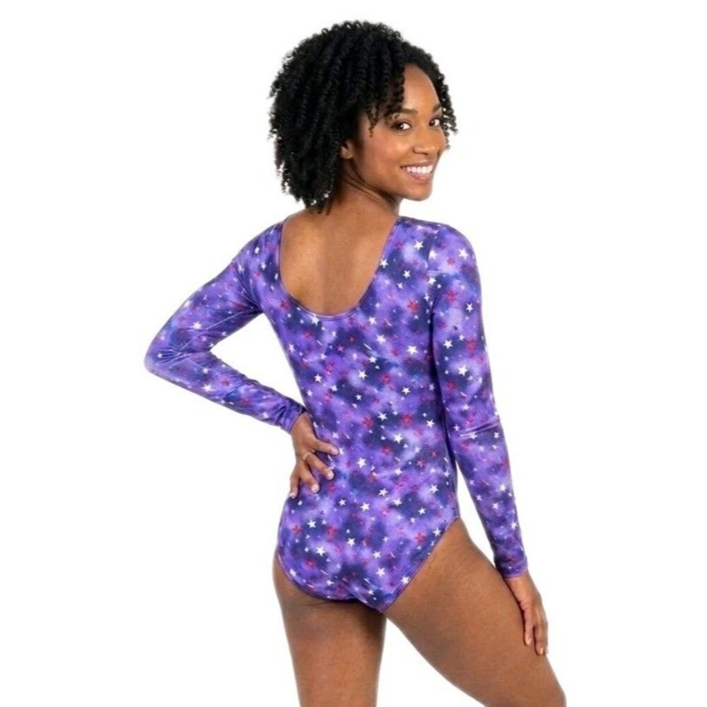 GK Elite VTG Purple Americana Glittery LS Gymnastics Logo Leotard AL Adult L